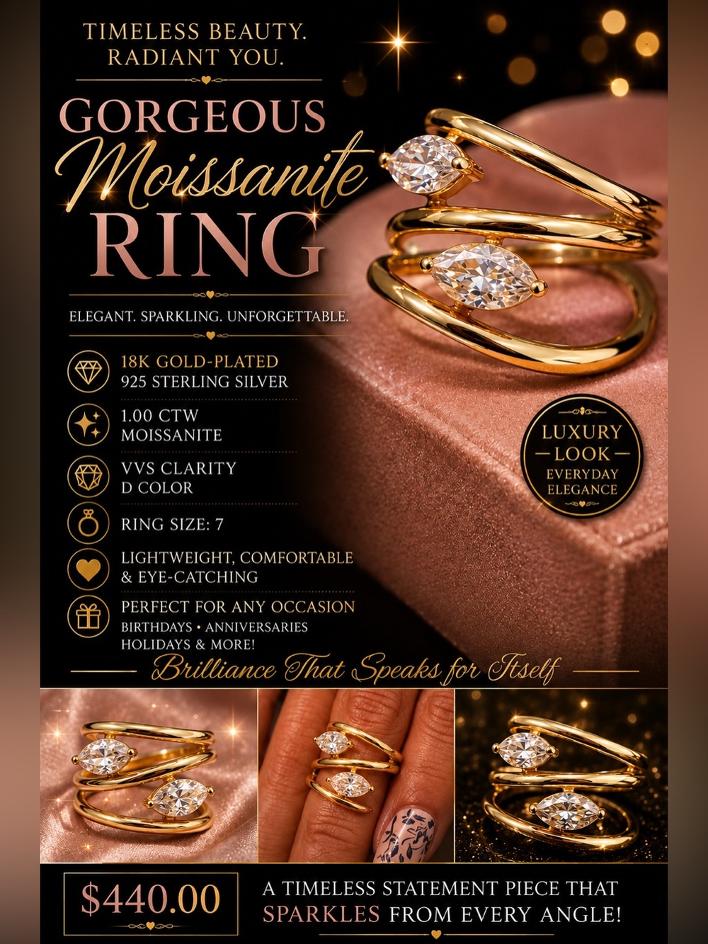 18K Gold-Plated Sterling Silver Spiral Moissanite Ring